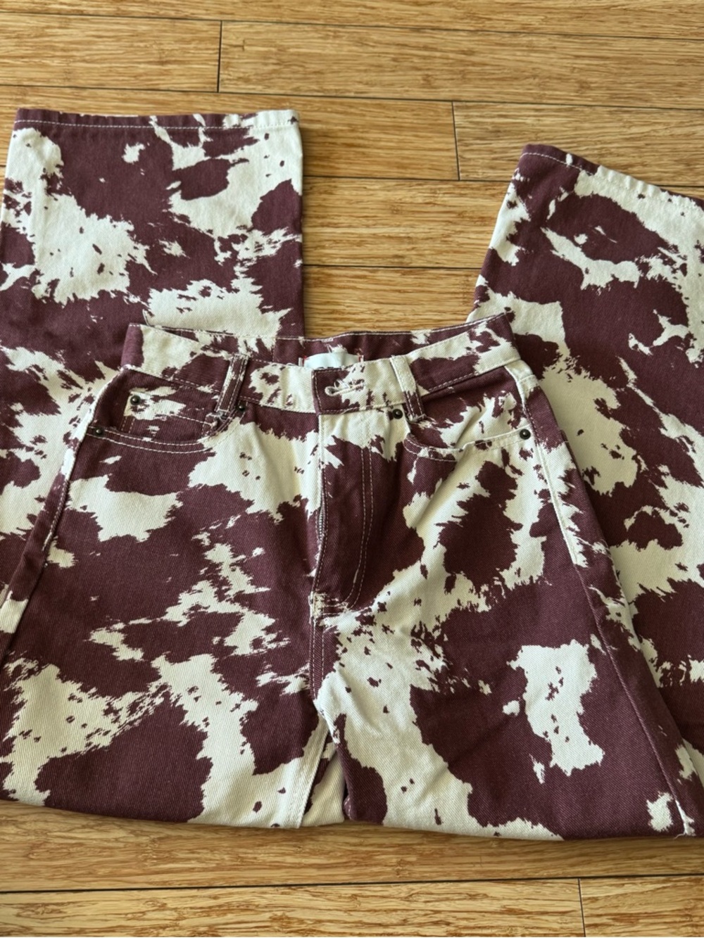 BDG URBAN OUTFITTERS- Cow Print High and Wide Leg Pants in Maroon and Cream